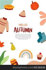 Hello autumn with element and leaves background. Autumn october hand drawn template design.