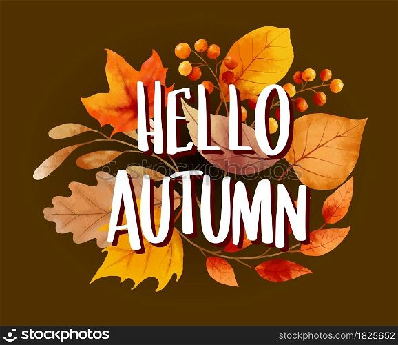 Hello autumn with ornate of leaves flower background. Autumn october hand drawn lettering template design.