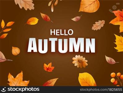 Hello autumn with ornate of leaves flower background. Autumn october hand drawn lettering template design.