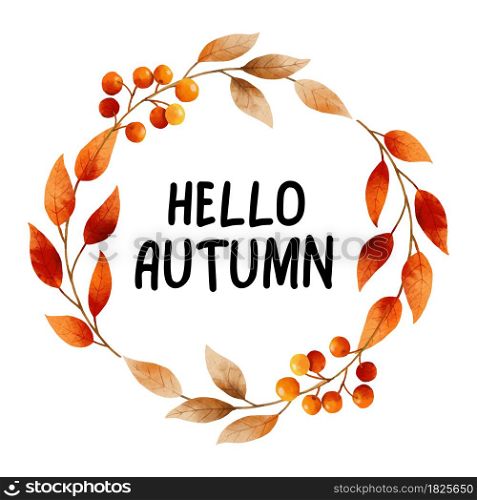 Hello autumn with ornate of leaves flower frame. Autumn october hand drawn lettering template design.