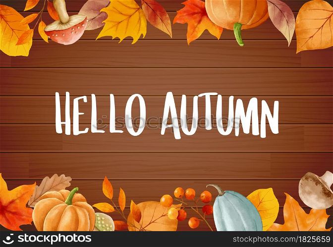 Hello autumn with ornate of leaves flower frame. Autumn october hand drawn lettering template design.