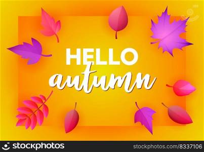 Hello autumn yellow greeting card design. Handwritten text on card with purple and pink fall leaves. Vector illustration can be used for banners, brochures, posters