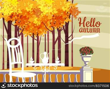Hello AutumnStreet Cafe outdoor, park, fall mood. Cup, chair, table, kettle retro style banner vector illustration. Hello Autumn Street Cafe outdoor, park, fall mood