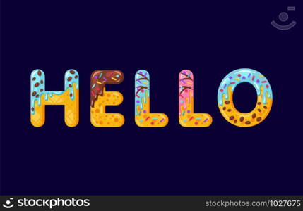 Hello biscuit vector lettering. Glazed gingerbread inscription. Tempting flat design typography. Cookies letters hi phrase isolated on dark blue. Biscuit word t shirt print, banner colorful element