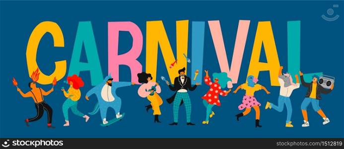 Hello Carnival. Vector illustration of funny dancing men and women in bright modern costumes. Design element for carnival concept and other use.. Hello Carnival. Vector illustration of funny dancing men and women in bright modern costumes.