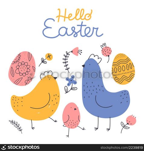 Hello Easter poster. Spring holiday greeting card isolated on white background. Hello Easter poster. Spring holiday greeting card