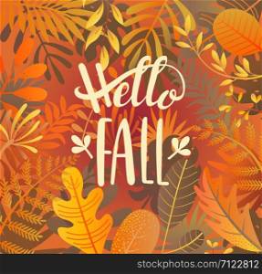 Hello fall greeting banner on jungle background with tropical leaves. Welcome autumn banner. Invitation to new harvest season. Template for poster design, prints, flyers. Vector illustration.. Hello fall greeting banner on jungle background.