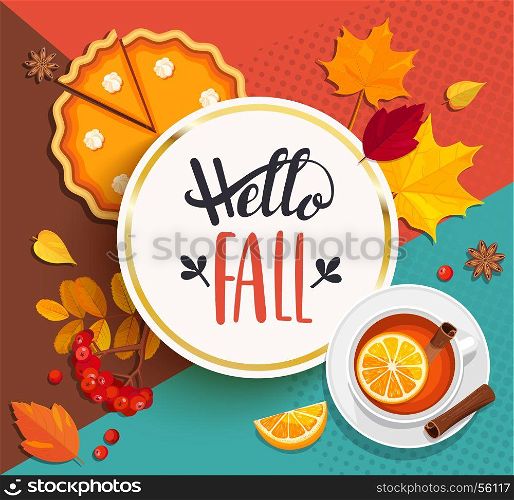 Hello Fall lettering in gold frame.. Hello Fall lettering in gold frame on geometric background with pupmkin pie, hot tea and autumn leaves. Vector illustration.