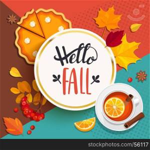 Hello Fall lettering in gold frame.. Hello Fall lettering in gold frame on geometric background with pupmkin pie, hot tea and autumn leaves. Vector illustration.