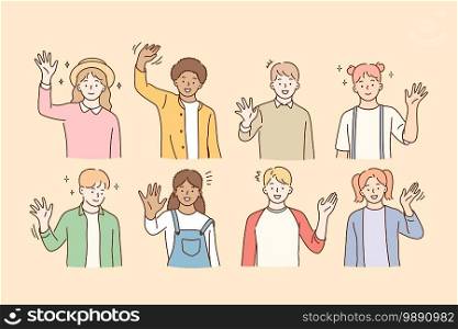 Hello, greeting, mixed race friendship concept. Group of smiling happy children of various races waving their hands to camera and feeling excited vector illustration . Hello, greeting, mixed race friendship concept
