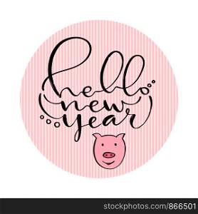 Hello New Year. Handwritten Christmas card with pig. Cute new year print. Calligraphic poster. Hello New Year. Handwritten Christmas card with pig. Cute new year print. Calligraphic poster.