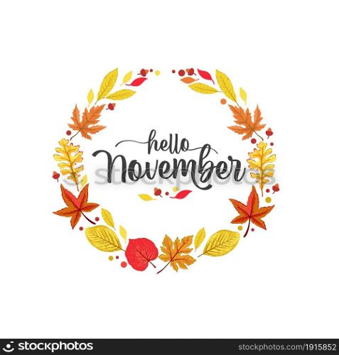 Hello November handwritten lettering vector text in wreath with autumn leaves