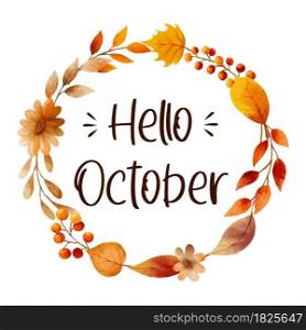 Hello october with ornate of leaves flower frame. Autumn october hand drawn lettering template design.