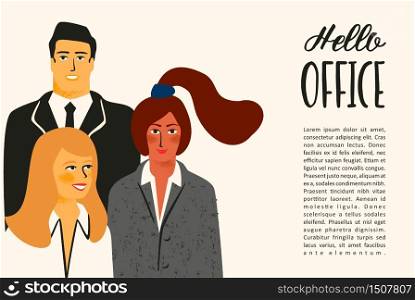 Hello office. Vectior illustration with office workers. Design template.. Hello office. Vectior illustration with office workers.