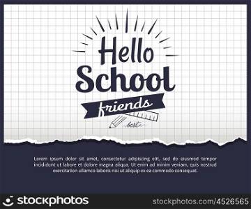 Hello School Friends Sticker Isolated on White. Hello school friends black-and-white sticker with inscription. Vector illustration of plastic ruler and graphite pencil on checkered background