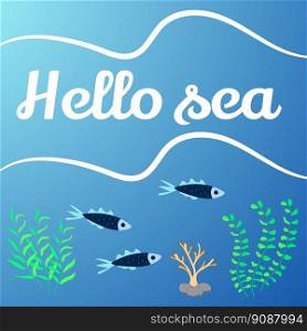 Hello sea background web banner. Fish, algae and corals in blue water. Vector illustration.