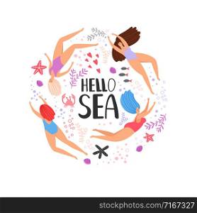 Hello sea cartoon characters swimming women vector illustration. Hello sea cartoon swimming women