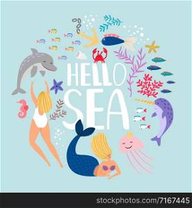 Hello sea, design of t-shirt. Fish algae and sea animals. Vector sea fish and aquatic underwater illustration. Hello sea, design of t-shirt. Fish algae and sea animals