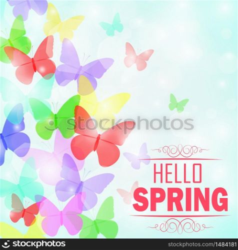Hello Spring background with Colorful butterflies.Vector