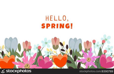 Hello spring banner. Season vocation, weekend, holiday logo. Spring Time Wallpaper. Happy spring Day. Spring vector Lettering text. Fashionable styling. Flower vector.. Hello spring banner. Season vocation, weekend, holiday logo. Spring Time Wallpaper. Happy spring Day.