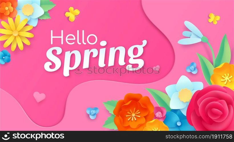 Hello spring banner with paper cut flower, leaf and butterflies. Frame template with floral decoration. Spring greeting card vector design. Botanical blossom and foliage of natural plants. Hello spring banner with paper cut flower, leaf and butterflies. Frame template with floral decoration. Spring greeting card vector design