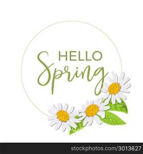 Hello spring. Beautiful Daisy wreath isolated. Elegant floral chamomile flowers collection. Frame, text. Hello spring. Beautiful Daisy wreath isolated. Elegant floral chamomile flowers collection. Frame, text. Vector flowers set. Design for invitation, wedding or greeting cards, cosmetics, perfumery