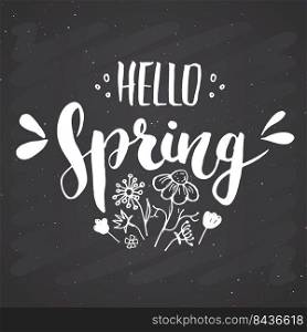 Hello Spring Calligraphy lettering handwritten sign, Hand drawn grunge calligraphic text. Vector illustration on chalkboard background.. Hello Spring Calligraphy lettering handwritten sign, Hand drawn grunge calligraphic text. Vector illustration on chalkboard background