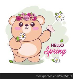 Hello spring card. Hand drawn cute kawaii teddy bear. Adorable cartoon bear character with flowers and butterfly. Childish t shirt print design