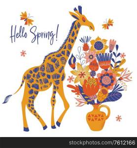 Hello spring. Ceramic vase with a bouquet of large multicolored flowers. Tall cute spotted giraffe. Vector illustration on a white background.. A tall giraffe and a bouquet of flowers in a vase. Vector illustration on a white background.