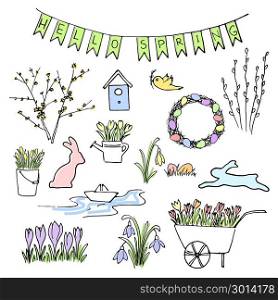 Hello Spring colored sketch set. First flowers, gardening and Lettering.. Hello Spring colored sketch set. First flowers and Lettering. snowdrops, crocus, tulips. navvy barrow, paper ship, watering pot, gardening. Hand drawn. Brush pen. For Poster prints textile decoration