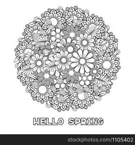Hello spring coloring page with beautiful flowers. Black and white vector illustration. Greeting card template. Isolated on white background. Hello spring coloring page