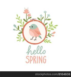 Hello Spring hand drawn vector illustration. Lettering spring season with embroidery leaves flowers for greeting card.