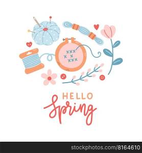 Hello Spring hand drawn vector illustration. Lettering spring season with embroidery leaves flowers for greeting card.