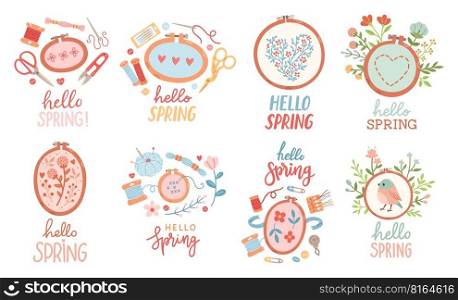 Hello Spring hand drawn vector set. Lettering spring season with embroidery leaves flowers for greeting card.