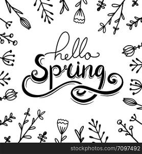 Hello, Spring handwritten Lettering with doodle flowers. Squarel greeting card. Vector element for cards, t-shirt printing and your design. Hello, Spring handwritten Lettering with doodle flowers. Squarel greeting card.