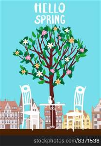 Hello Spring in the Europe city architecture, with tree blossoms. Street cafe, chairs, table, coffee pot. Vector illustration poster, card. Hello Spring in the Europe city architecture, with tree blossoms. Street cafe, chairs, table, coffee pot. Vector illustration