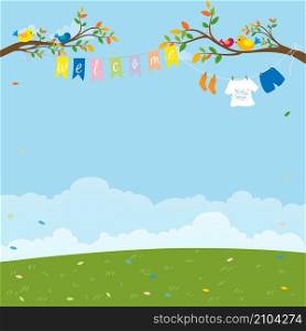 Hello Spring landscape with welcome flags, kid clothes hanging on the branches tree on blue sky background,Vector Banner backdrop of green grass field in Sunny day Summer, Easter holiday concept