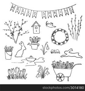 Hello Spring sketch set. First flowers, gardening and Lettering.. Hello Spring sketch set. First flowers and Lettering. snowdrops, crocus, tulips. navvy barrow, paper ship, watering pot, gardening. Hand drawn. Brush pen. For Poster prints textile decoration blog