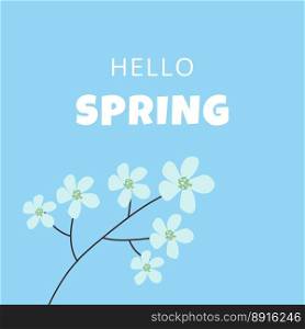 Hello spring text vector banner greetings design with flowers branch in blue background. Vector illustration.. Hello spring text vector banner greetings design with flowers branch in blue background.