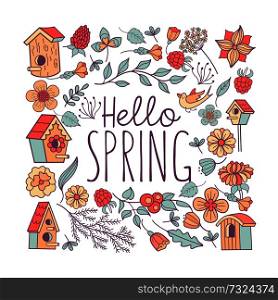 Hello, spring! Vector illustration. Set of cliparts. Spring flowers, bird houses, branches, leaves oriented in a square. Greeting card.