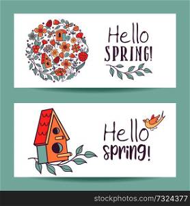 Hello, spring! Vector illustration. Set of cliparts. Spring flowers, bird houses, branches, leaves oriented in a circle. Birdhouse on a tree branch. Greeting card.