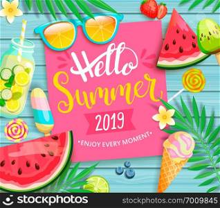 Hello summer 2019 pink card or banner with handdrawn lettering on blue wooden background with watermelon, detox, ice, ice cream,sunglasses and candy, blueberry. Vector Illustration.. Hello summer 2019 pink card or banner.