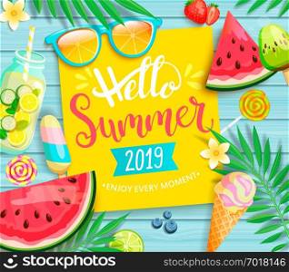 Hello summer 2019 yellow card or banner with handdrawn lettering on blue wooden background with watermelon, detox, ice, ice cream,sunglasses and candy, blueberry. Vector Illustration.. Hello summer 2019 yellow card or banner.