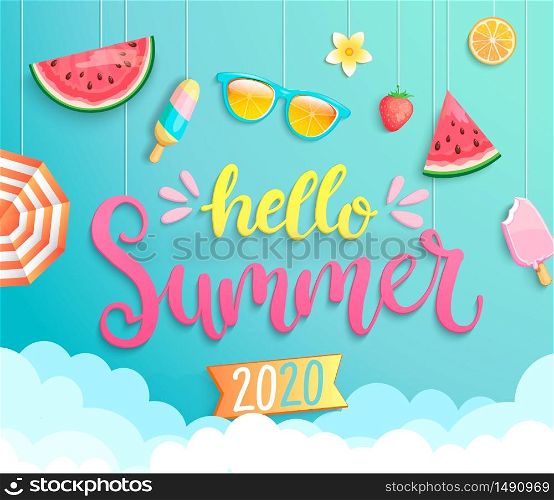 Hello summer 2020 greeting banner wih hot season elements. Invitation poster with strawberry, ice cream,sunglasses and watermelon hanging above the clouds.Template for design.Vector Illustration.. Hello summer 2020 banner wih hot season elements.