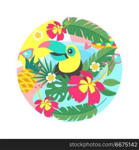 Hello summer. Aloha. Cute funny cartoon Toucan. Tropical paradis. Colorful Toucan among tropical leaves, coconut cocktail, flowers, pineapples. Bright summer illustration in the form of a circle.
