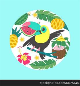 Hello summer. Aloha. Cute funny cartoon Toucan. Tropical paradis. Colorful Toucan holds a piece of watermelon in its beak. Around him tropical leaves, coconut cocktail, flowers, pineapples. Bright summer illustration in the form of a circle.