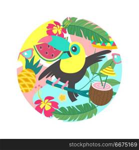 Hello summer. Aloha. Cute funny cartoon Toucan. Tropical paradis. Colorful Toucan holds a piece of watermelon in its beak. Around him tropical leaves, coconut cocktail, flowers, pineapples. Bright summer illustration in the form of a circle.