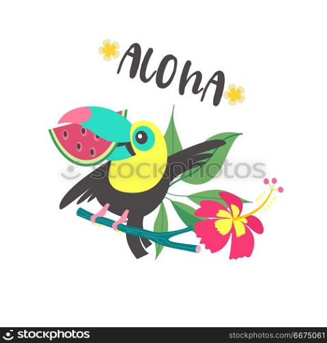 Hello summer. Aloha. Cute funny cartoon Toucan. Tropical paradis. Aloha. Cheerful colorful Toucan sits on a tree branch and holds a slice of watermelon in its beak. Bright summer illustration in cartoon style.