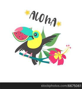 Hello summer. Aloha. Cute funny cartoon Toucan. Tropical paradis. Aloha. Cheerful colorful Toucan sits on a tree branch and holds a slice of watermelon in its beak. Bright summer illustration in cartoon style.