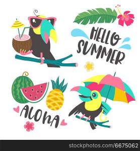 Hello summer. Aloha. Cute funny cartoon Toucan. Tropical paradis. Aloha. Hello summer. Funny Toucan in sunglasses holds a coconut cocktail. Another Toucan sits on a tree branch with a bright umbrella. Tropical leaves, flowers and fruit. Set of elements for the design of a bright summer tropical illustration.